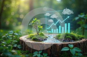 Eco friendly tech interface displays eco assessment for sustainability. Growing plant on tree stump reflects eco progress. photo