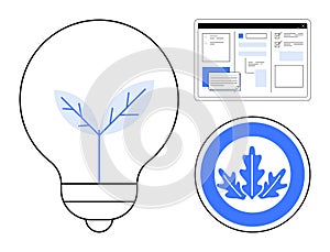 Eco-Friendly Technology Concept with Light Bulb, Leaf, and Web Interface Elements