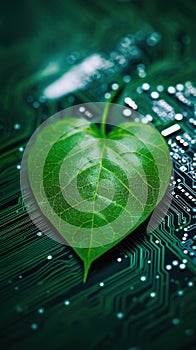 eco friendly technology, green leaf with semiconductors and computer circuit board, micro chip and nature, generative AI