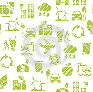 Eco-friendly technology, seamless pattern, pencil hatc hing, monochrome, white, green, vector