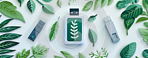 Eco Friendly Technology USB Design Concept Featuring Green Leaf Patterns on USB Drives Surrounded by Lush Greenery Illustrating photo