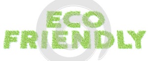 ECO FRIENDLY text made with green grass on white background, 3D rendering photo