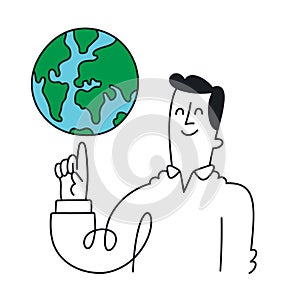 Eco-Friendly Thinker: A Man Contemplating the Earth - Doodle Style with an Editable Stroke