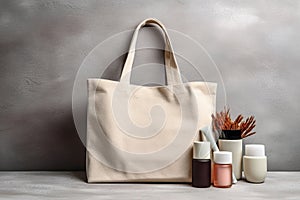 Eco-Friendly Tote Bag and Cosmetics on Gray Background