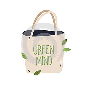 Eco-friendly tote bag, fabric shopper. Reusable canvas totebag with handles from natural textile. Green mind, life and