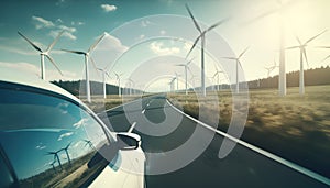 Eco-friendly transportation meets sustainable energy: Electric car drives through a wind turbine farm