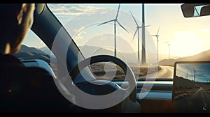 Eco-friendly transportation meets sustainable energy: Electric car drives through a wind turbine farm