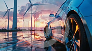 Eco-friendly transportation meets sustainable energy: Electric car drives through a wind turbine farm