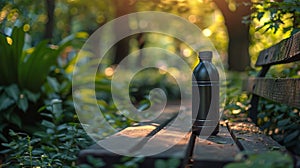 eco-friendly travel essentials, a eco-friendly travel essential, a reusable water bottle, sits on a wooden bench amidst photo