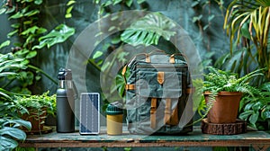 eco-friendly travel set complete with a chic bag made of recycled materials, a solar panel, and a reusable water bottle