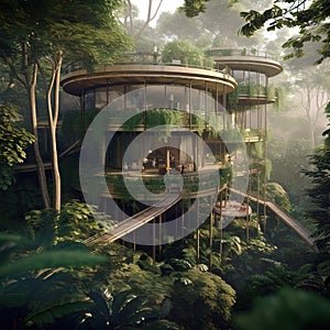 Eco-friendly treehouse village built within a lush rainforest