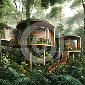 Eco-friendly treehouse village built within a lush rainforest