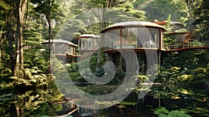 Eco-friendly treehouse village built within a lush rainforest