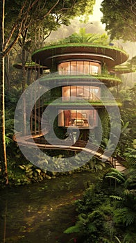 Eco-friendly treehouse village built within a lush rainforest