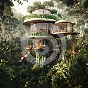 Eco-friendly treehouse village built within a lush rainforest
