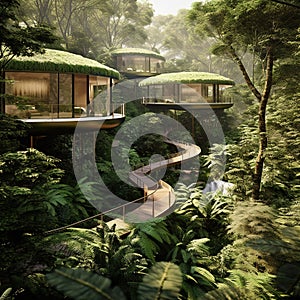 Eco-friendly treehouse village built within a lush rainforest