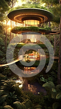 Eco-friendly treehouse village built within a lush rainforest