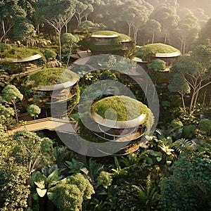 Eco-friendly treehouse village built within a lush rainforest