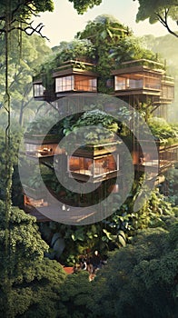 Eco-friendly treehouse village built within a lush rainforest