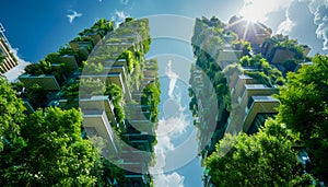 Eco Friendly Urban Architecture Concept with Vertical Gardens on Modern Buildings under Blue Sky