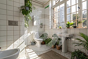 Eco-friendly white modern bathroom with window shadows