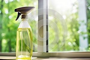 an eco-friendly window cleaner spray bottle by a window