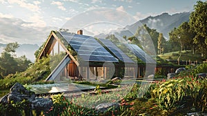 Eco-friendly wooden house surrounded by nature with solar panels. sustainable living. countryside home. modern