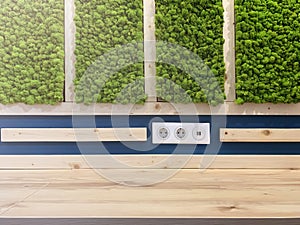 Eco-friendly workspace - stabilized moss wall, wooden table and electrical outlets for laptop work