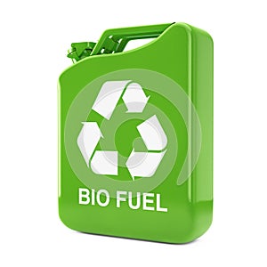 Eco Fuel Concept. Green Metal Jerrycan with Recycle anÐ² Bio Fuel Sign . 3d Rendering