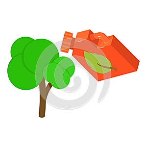 Eco fuel icon isometric vector. Eco fuel canister with leaf image and green tree