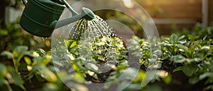 Eco Gardening: Nurturing Nature with a Green Watering Can. Concept Eco Gardening, Green Watering