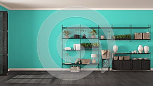 Eco gray and turquoise interior design with wooden bookshelf, di