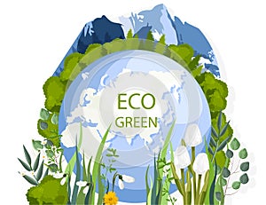 Eco green earth composition with snowdrops and green trees, mountains