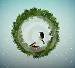 Eco green holiday idea, wreath of christmas tree branches with nest and two birds inside, sweet home, protect the forest