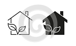 Eco Green House Line and Silhouette Icon Set. Ecology Real Estate Building with Leaf Pictogram. Bio Natural House Symbol