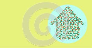 Eco green house made of tree branches with leaves and red flowers isolated on light blue circle on yellow background. Copy space.