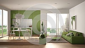 Eco green interior design, white and green living room with sofa, kitchen, dining table, succulent potted plants, parquet floor,