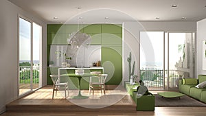 Eco green interior design, white and green living room with sofa, kitchen, dining table, succulent potted plants, parquet floor,