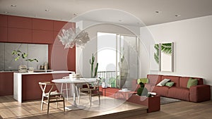 Eco green interior design, white and red living room with sofa, kitchen, dining table, succulent potted plants, parquet floor,