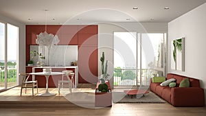 Eco green interior design, white and red living room with sofa, kitchen, dining table, succulent potted plants, parquet floor,