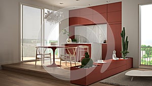 Eco green interior design, white and red living room with sofa, kitchen, dining table, succulent potted plants, parquet floor,