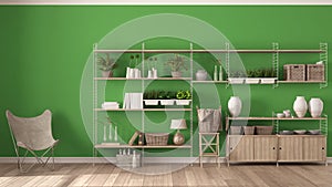 Eco green interior design with wooden bookshelf, diy vertical ga