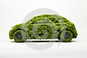 Eco Green Motoring Concept With Car Made From Green Plants And Vegetation On White Background