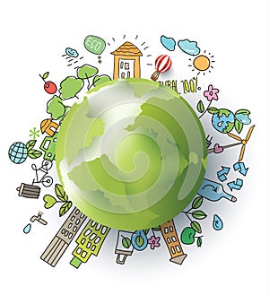 Eco hand drawn style and paper cut Globe. vector photo