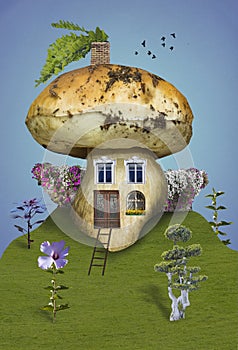 Eco home. Green house. Fantasy house at tree with surreal vintage background - art collage