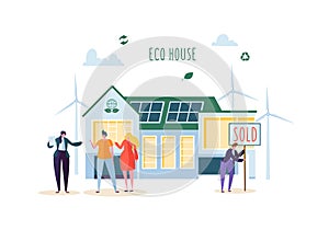 Eco House Concept with Happy People Buying new Home. Real Estate Agent with Clients. Ecology Green Energy, Solar Power