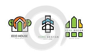 Eco House Design Logo Templates Set, Real Estate, Construction Company, Architect Bureau Green Badges Flat Vector