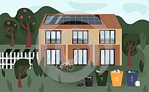 Eco-house. Eco-friendly home with solar panels, waste sorting bins, vegetable garden and bike. Zero waste lifestyle. Eco-friendly