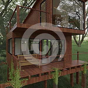 Eco house on the grass 3d illustration