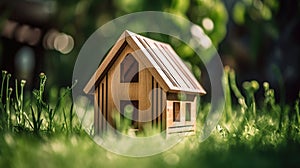 Eco House In Green Environment - Wooden Home Friendly On Grass, generative ai